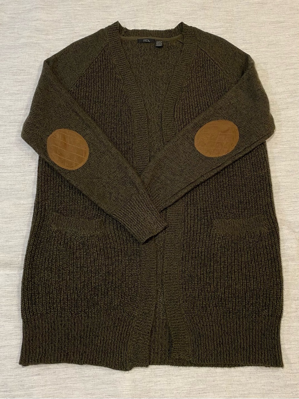 RDI Olive Green Suede Elbow Patch Open Front Cardigan XL